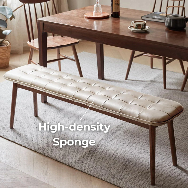 Solid Dining Bench with Top-Grain Leather Upholstered Seat, Multipurpose Stool for Dining, Entryway, 51″ L x 12.5″ W x 17.5″ H, Khaki+Brown