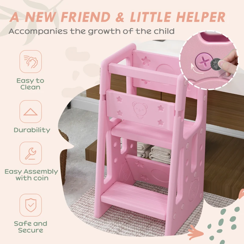 Qaba Toddler Tower with Adjustable Height, Anti-slip Mat, Toddler Step Stool, Pink