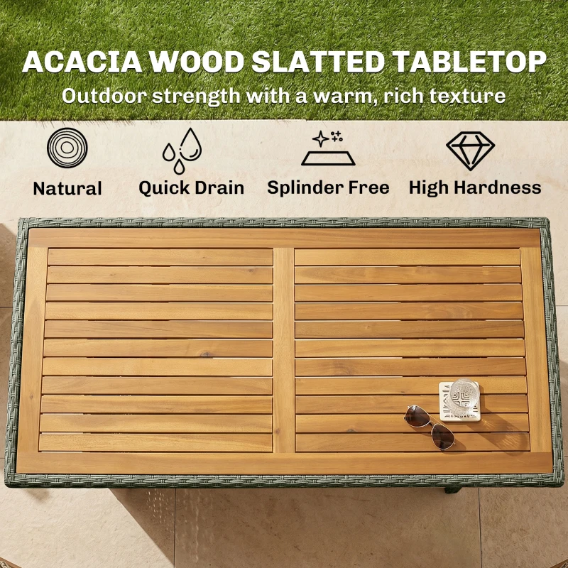 Outsunny 5 Piece Wicker Outdoor Bar Set, Acacia Wood Outdoor High Top Table and Chairs with 3 Tier Shelves, Cushions, Gray