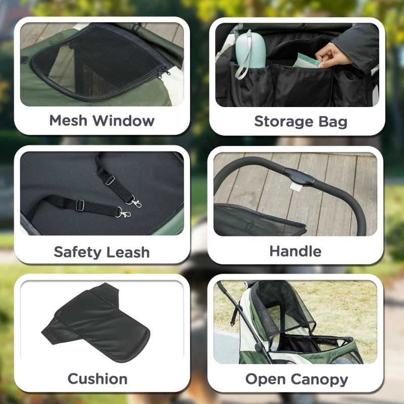 PawHut Foldable Pet Stroller for Large Dogs with Four Big Wheels, Shock-Absorbing Frame, Safety Leashes, Brakes, Dark Green