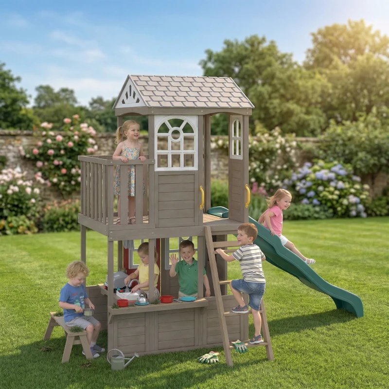 Qaba Two-Story Outdoor Playhouse, Wooden Kids Playhouse with Slide, Bench, BBQ Play Kitchen, Ladder, Lookout Platform, Clock