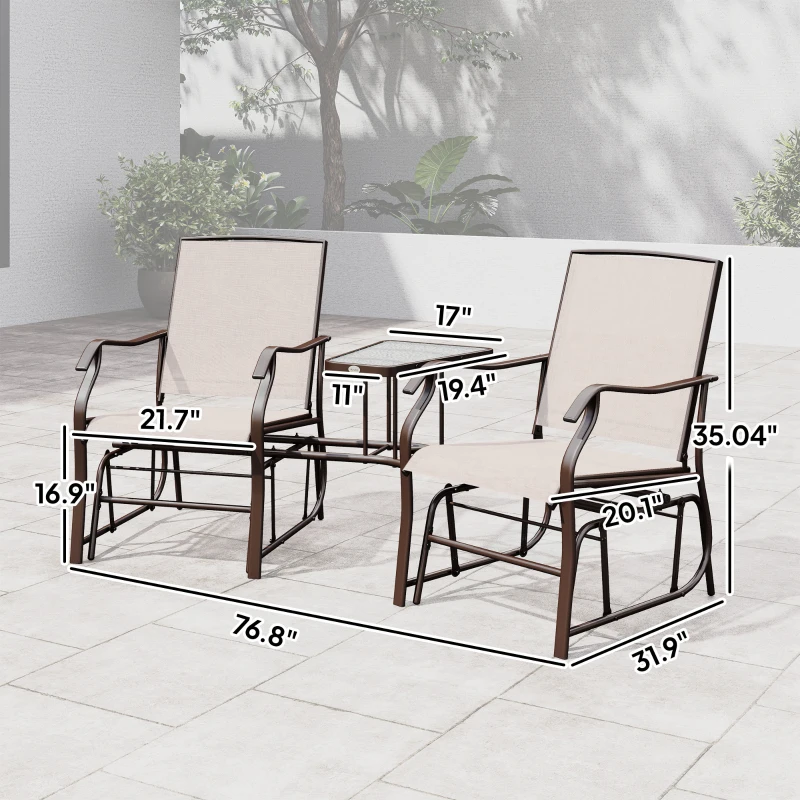 Outsunny Outdoor Glider Chairs with Coffee Table, Patio 2-Seat Rocking Chair Swing Loveseat with Breathable Sling for Backyard, Garden, and Porch, Beige