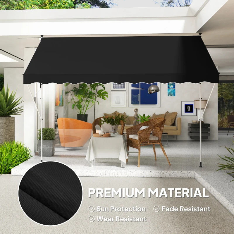 Outsunny 10x5ft Patio Sun Shade Canopy, Manual Retractable Awning with 5.6-9.2ft Support Pole for Window, Door, Porch, Black