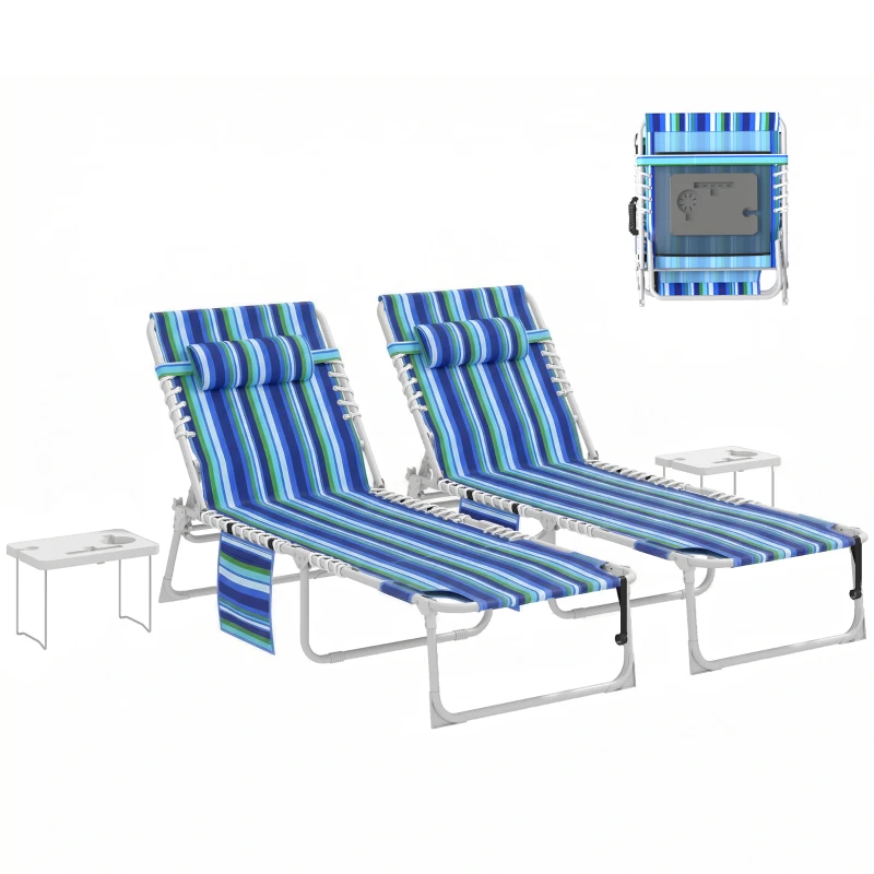 Outsunny Tanning Chair Set of 2 with Face Hole and Side Table, 5-Position Folding Outdoor Chaise Lounge Chair, Blue Stripe