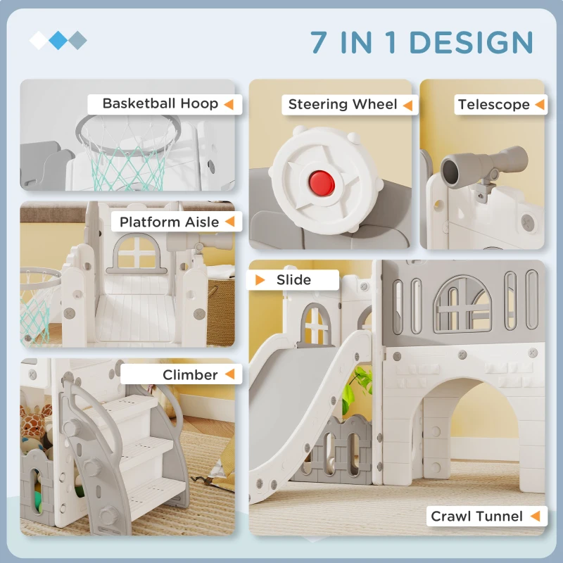Qaba 9 in 1 Toddler Slide with Basketball Hoop, Climber, Telescope, Tunnel, Steering Wheel, for 1-3 Years, Grey