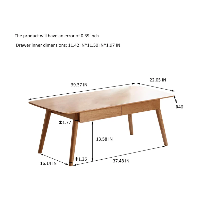 Modern Coffee Table with Mortise-and-Tenon Construction, Sturdy Center Table with Handy Lower Shelf, 39.5″ L x 19.5″ W x 17.5″ H, Oak