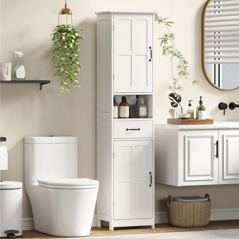 kleankin Modern Bathroom Cabinet, Narrow Bathroom Vanities with Open Shelf Drawer Recessed Doors and Adjustable Shelves White