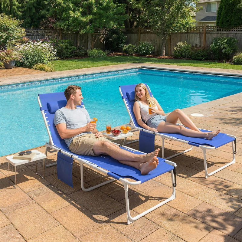 Outsunny Tanning Chair Set of 2 with Face Hole and Side Table, 5-Position Folding Outdoor Chaise Lounge Chair, Navy Blue