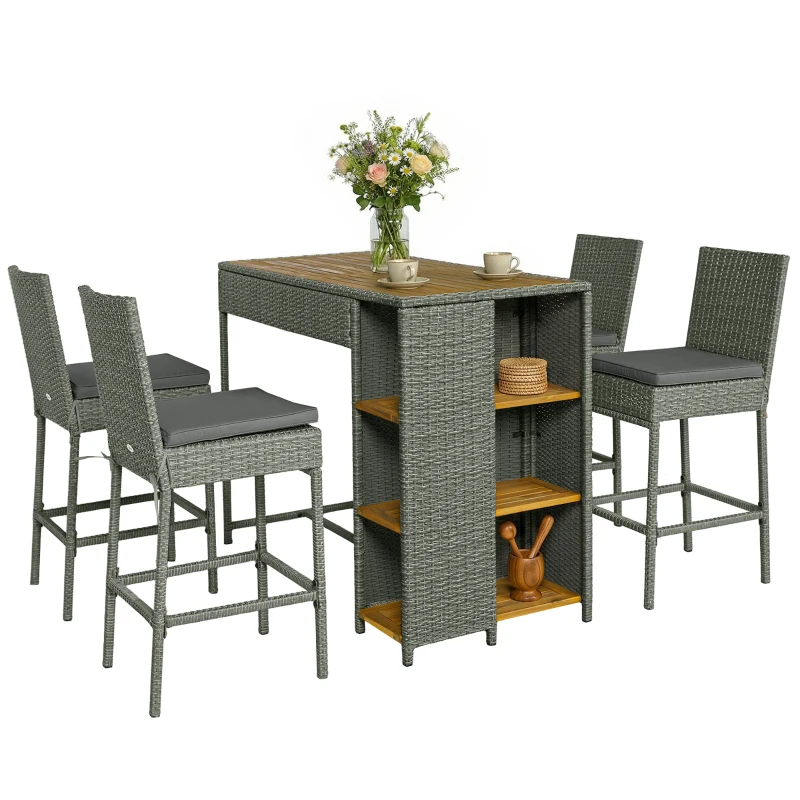Outsunny 5 Piece Wicker Outdoor Bar Set, Acacia Wood Outdoor High Top Table and Chairs with 3 Tier Shelves, Cushions, Gray