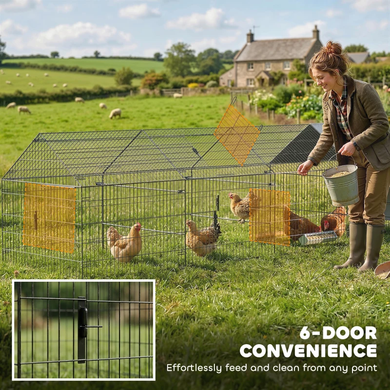 PawHut Metal Chicken Coop, Large Chicken Run with Water-Resistant & Anti-UV Cover for 4-6 Hens, Outdoor Hen House with 6 Doors