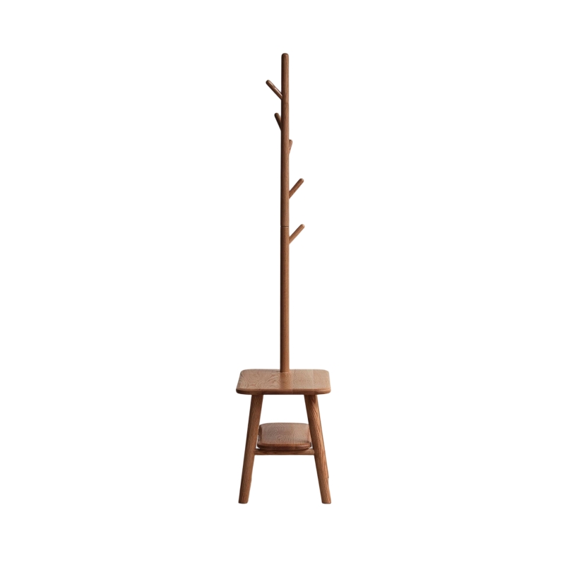 Solid Oak Coat Rack Bench with Shoe Storage and Coat Hanger, Entryway Bench for Compact Apartments, 31.5″ L x 13.5″ W x 65.5″ H, Natural