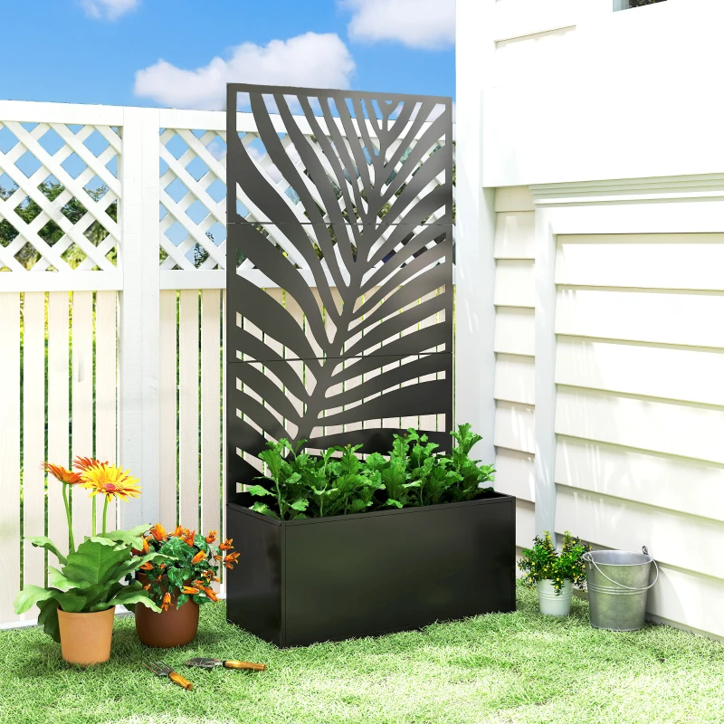 Outsunny Metal Planter Box with Trellis, Raised Garden Bed with Trellis Large Leaf Cut-Out Privacy Screen for Climbing Plants