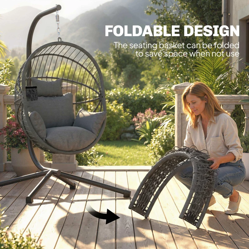 Outsunny Metal Stand Hanging Egg Chair, with Full Body Padded Seat - Grey
