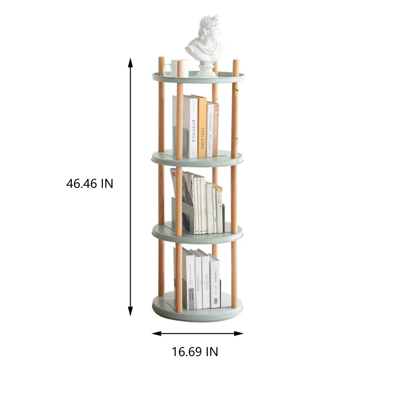 4-Tier Rotating Bookcase with Solid Beech Support Rod, Space-Saving Bookshelf with 6 Bookends, 16.5″ L x 16.5″ W x 33″ H, Blue