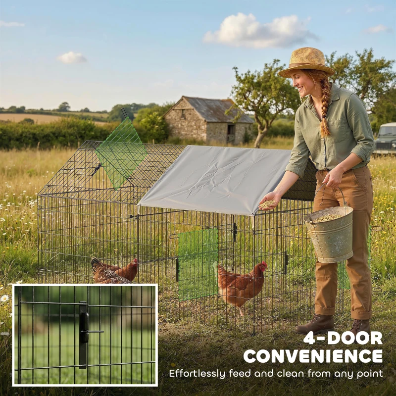 PawHut Metal Chicken Coop, Large Chicken Run with Water-Resistant & Anti-UV Cover for 2-3 Hens, Outdoor Hen House with 4 Doors