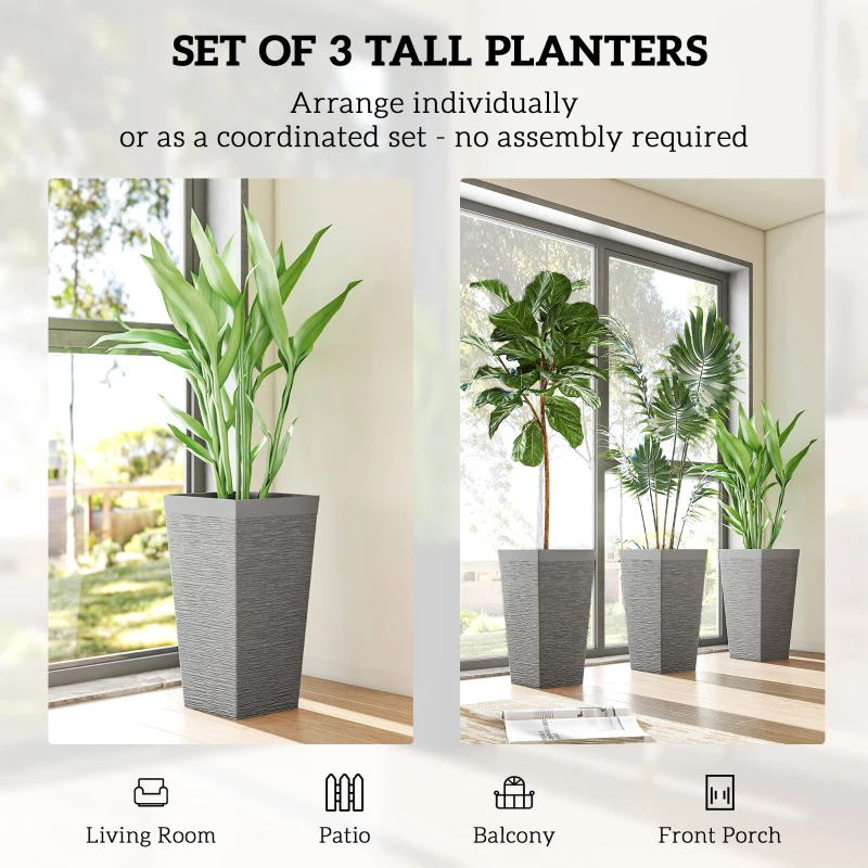 Outsunny 22.8 Inch Set of 3 Outdoor Planters with Stone Finish and Wheels, Stackable Tapered Planters with Drainage Hole, Gray