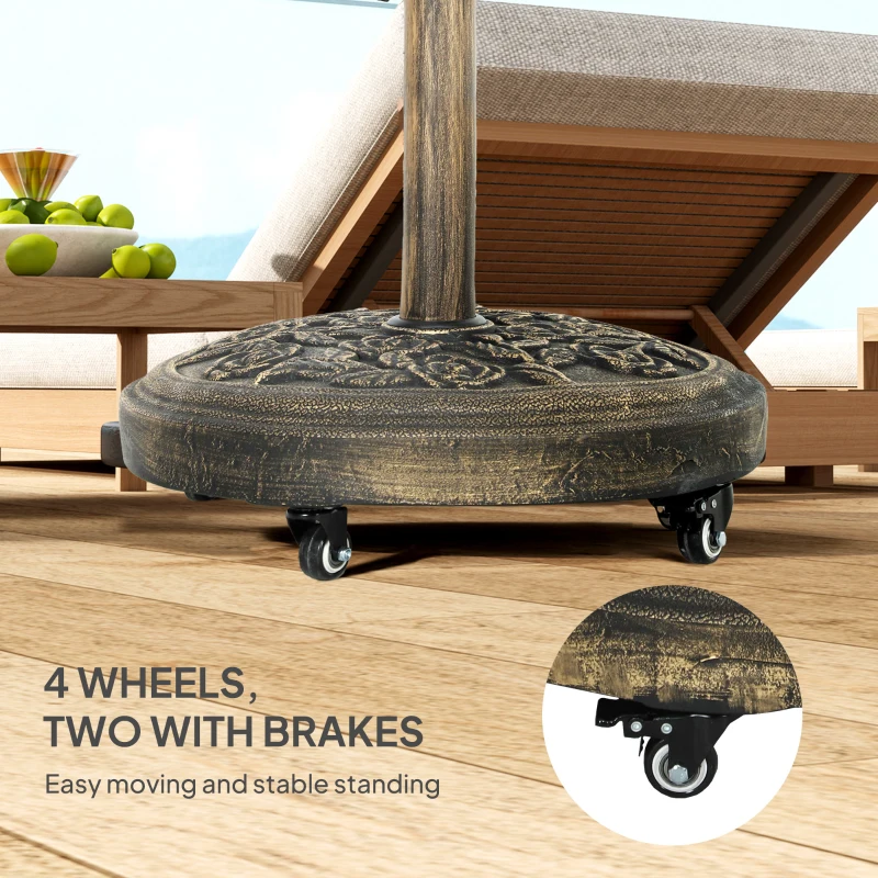 Outsunny Round Patio Umbrella Base, 46 lbs Resin Umbrella Base with Wheels, Outdoor Umbrella Stand for 1.3"/1.5"/1.9" Umbrella Poles for Outdoor, Lawn, Poolside, Bronze
