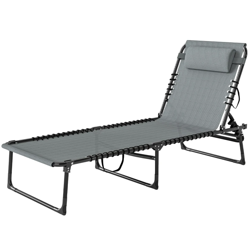 Outsunny Folding Lounge Chair, Adjustable Chaise Lounge with Headrest, Reclining Lounger Cot for Camping, Hiking, Light Grey
