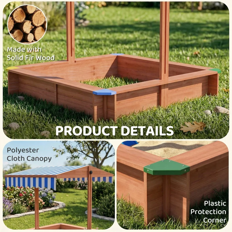 Outsunny Wooden Sandbox with Cover, Kids Sandbox Outdoor with Adjustable Canopy and Seats for Backyard, Beach, Dark Brown