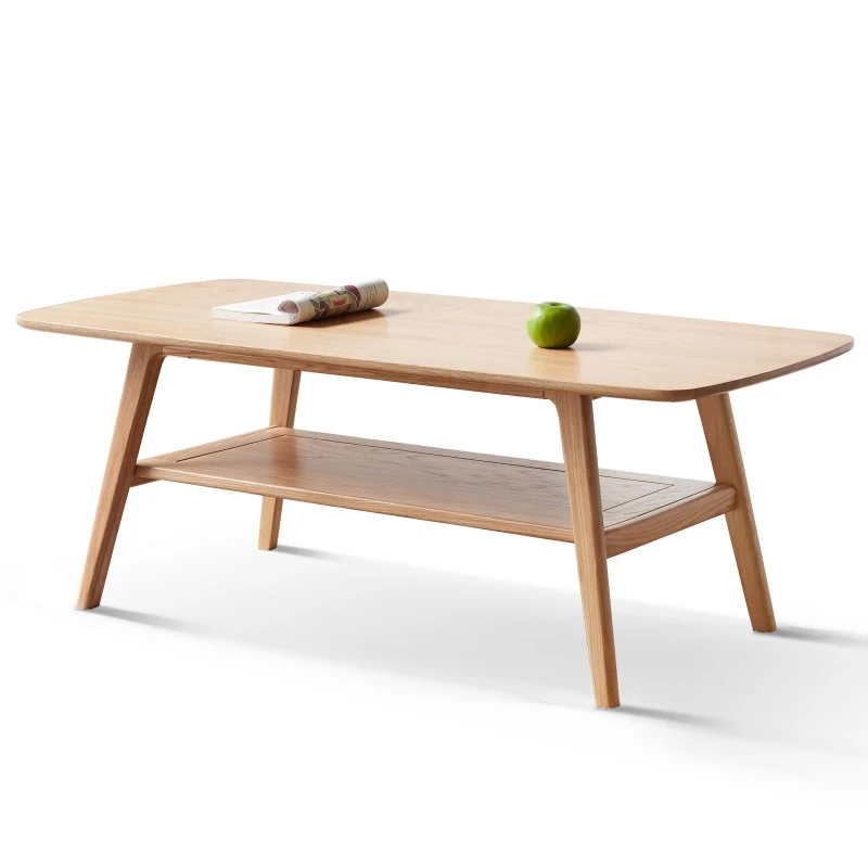 Heavy-Duty Coffee Table with 2-Tier Storage Shelf & Rounded Corners, Safe Center Table for Living Room, 47″ L x 22″ W x 17.5″ H, Oak