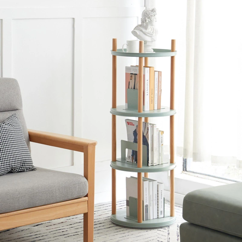 4-Tier Rotating Bookcase with Solid Beech Support Rod, Space-Saving Bookshelf with 6 Bookends, 16.5″ L x 16.5″ W x 33″ H, Blue