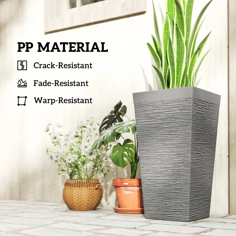 Outsunny 22.8 Inch Set of 3 Outdoor Planters with Stone Finish and Wheels, Stackable Tapered Planters with Drainage Hole, Gray