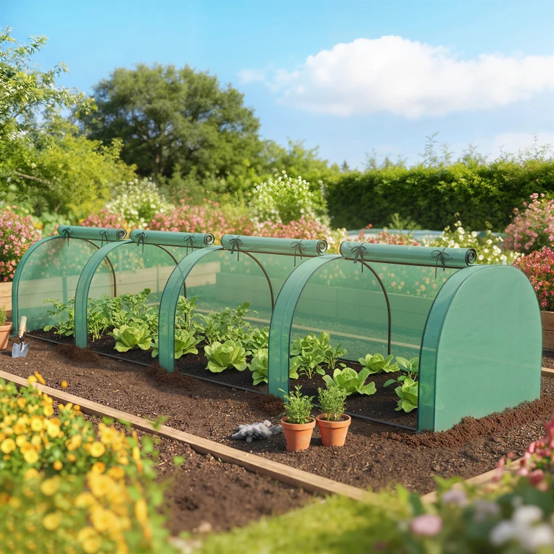 Outsunny Mini Greenhouse, Portable Greenhouse with 4 Roll-Up Doors, PE Cover, 177.2" x 39.4" x 31.5", Green