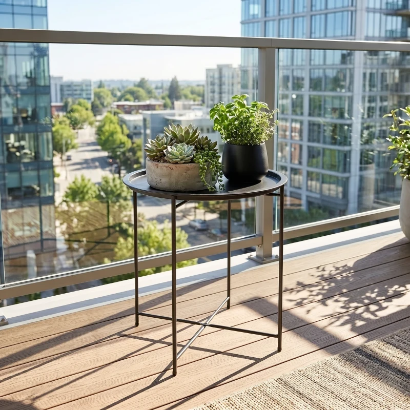 Outsunny 18" Outdoor Side Table with Removable Tray and Folding Legs, Indoor Outdoor for Balcony, Porch, Black