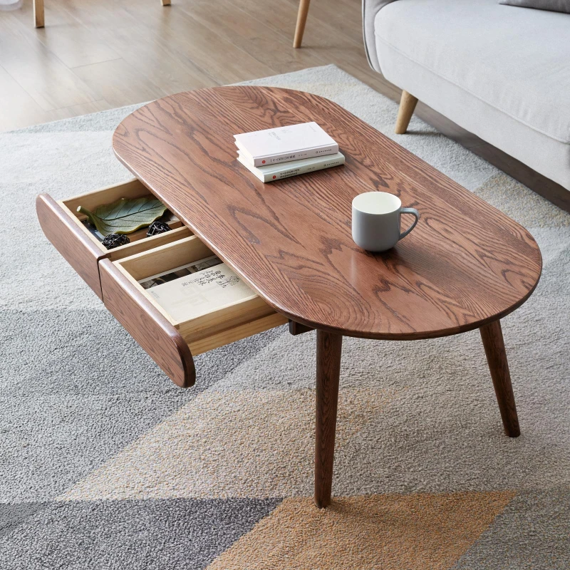 Solid Coffee Table with Modern Oval Top and Rounded Corners, Sturdy Center Table with 2 Storage Drawers, 47″ L x 22″ W x 16.5″ H, Walnut