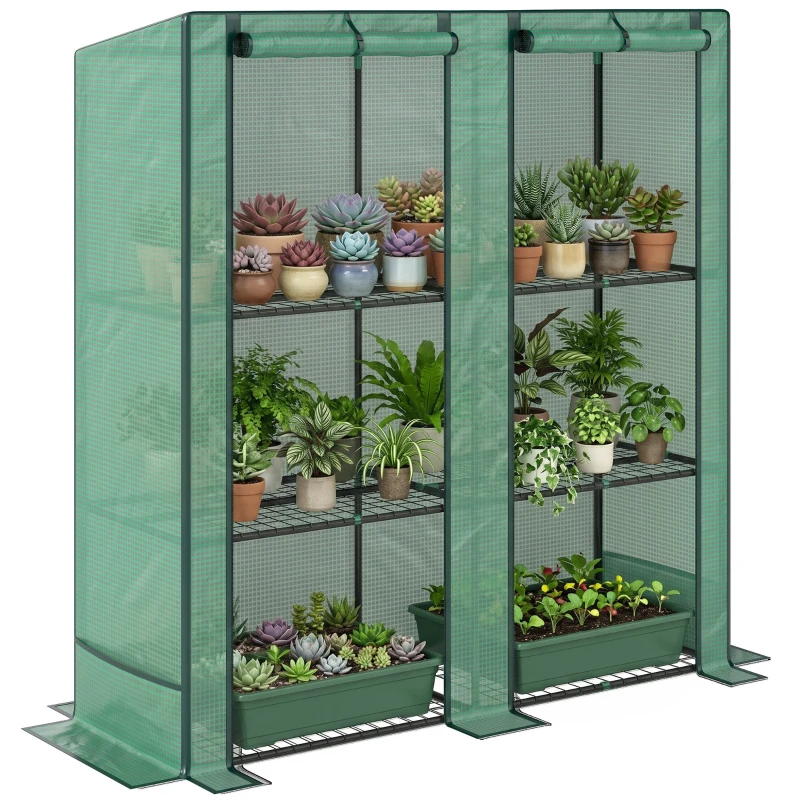 Outsunny Lean-to Greenhouse with 3 Tier Shelves, Portable Greenhouse with PE Cover, 2 Roll-Up Doors, 56.7" x 18.9" x 59.8", Green