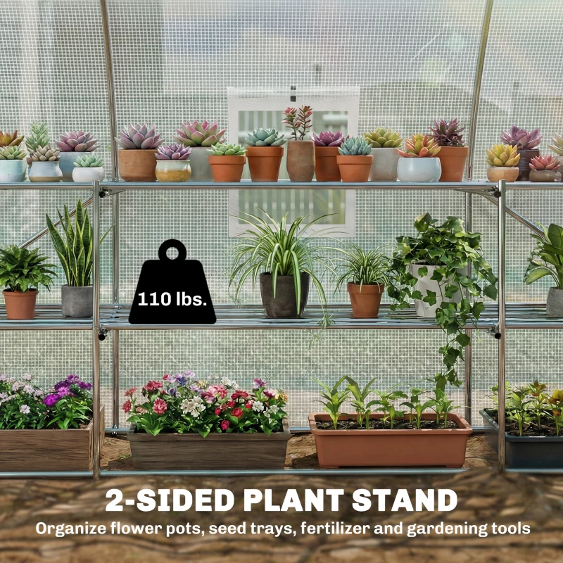 Outsunny 10'x11'x6' Walk-in Tunnel Greenhouse with Shelves, Mesh Door and Windows, Hoop House Greenhouse with PE Cover, White