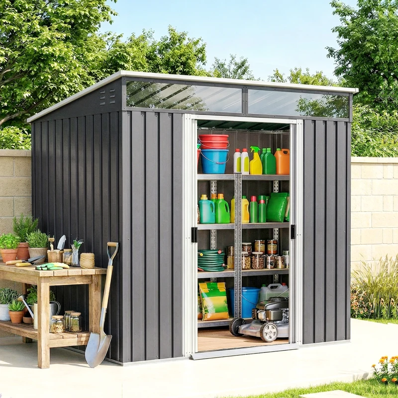 Outsunny 6.5x4FT Galvanised Metal Shed with Foundation Kit, Lockable Garden Tool Storage House with Sliding Doors, Vents, Grey