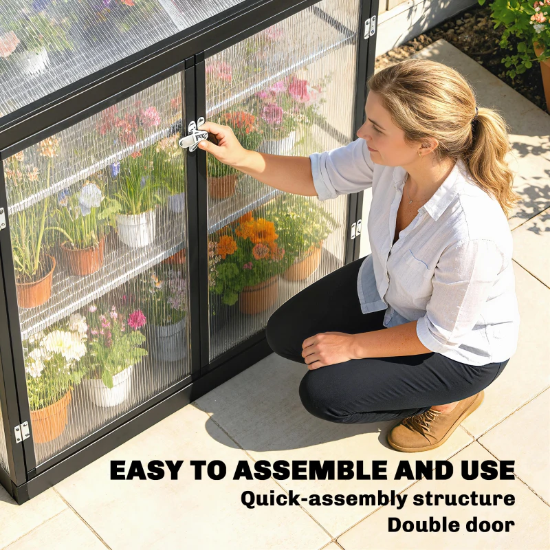 Outsunny Polycarbonate Greenhouse with 2-Tier Shelves Gardening Green House for Patio Garden, Black