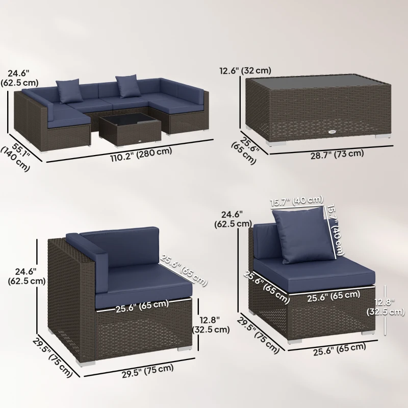 Outsunny 7pc Garden Wicker Sectional Set w/ Tea Table Patio Rattan Lounge Sofa Outdoor Deck Furniture Navy Blue