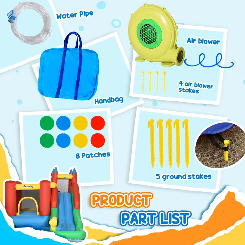 Outsunny Kids Inflatable 6 in 1 Bouncy Castle House Trampoline Slide Water Pool Gun Climbing Wall Basket with Inflator for Kids Age 3-12 Summer 11.5' x 8.8' x 7' Multi-color