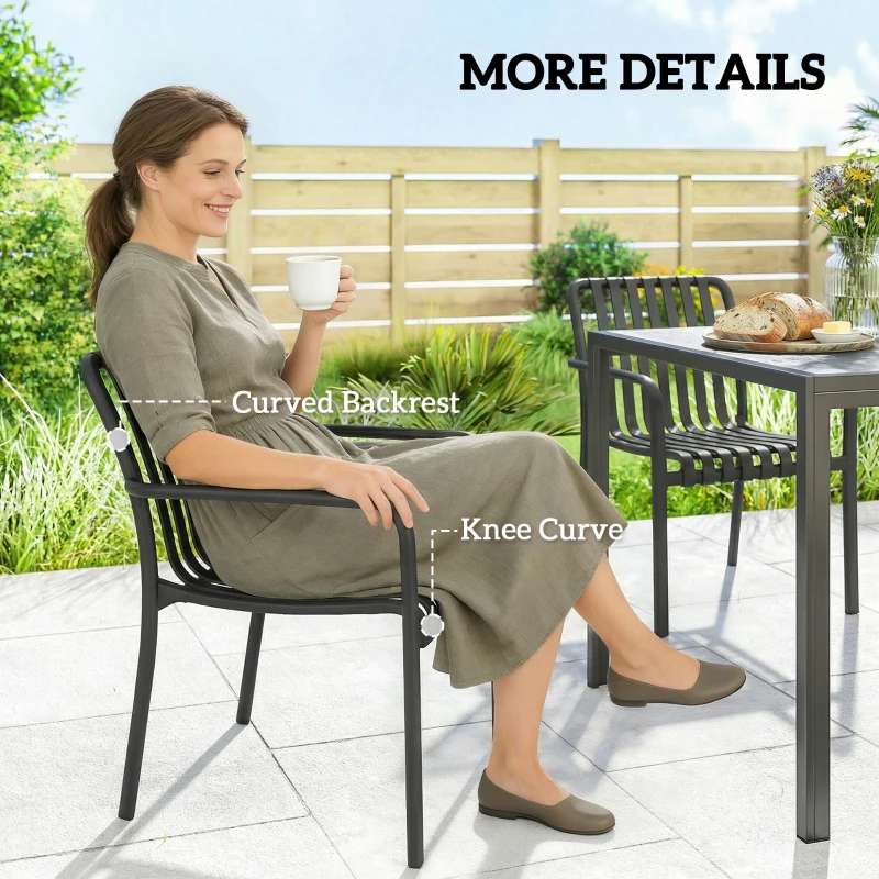 Outsunny Stackable Patio Chairs Set of 4, Outdoor Dining Chairs with Slatted Seat, Curved Backrest, Armrests, Black