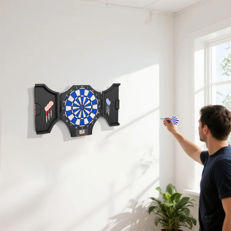 Soozier Electronic Dartboard Set with 31 Games and 285 Programs for 8 Players, Soft Tip Dart Board Set with Cabinet, 6 Darts and 6 Spare Tips, LCD Display