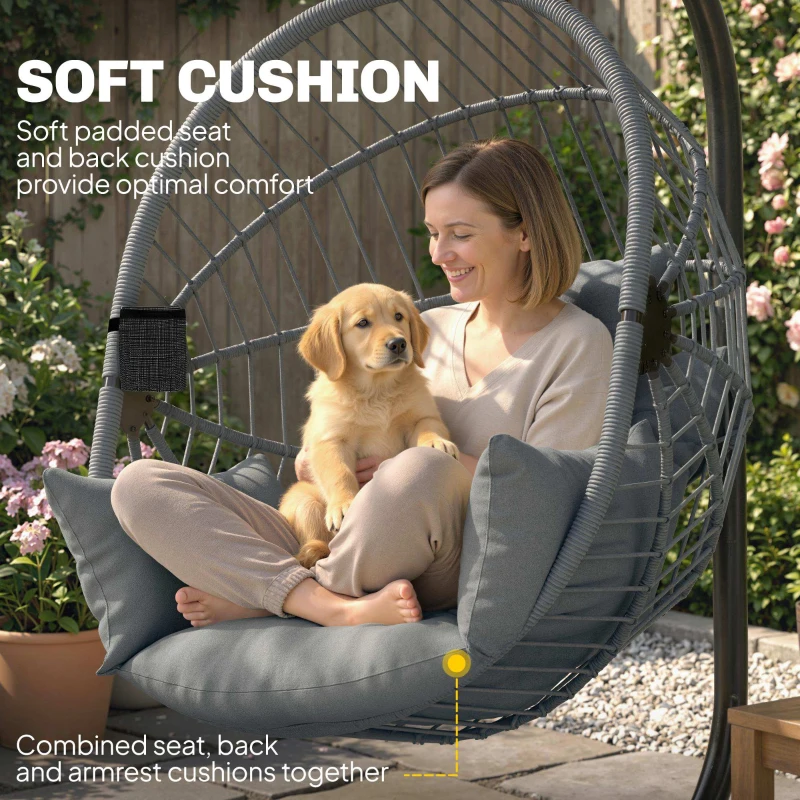 Outsunny Metal Stand Hanging Egg Chair, with Full Body Padded Seat - Grey