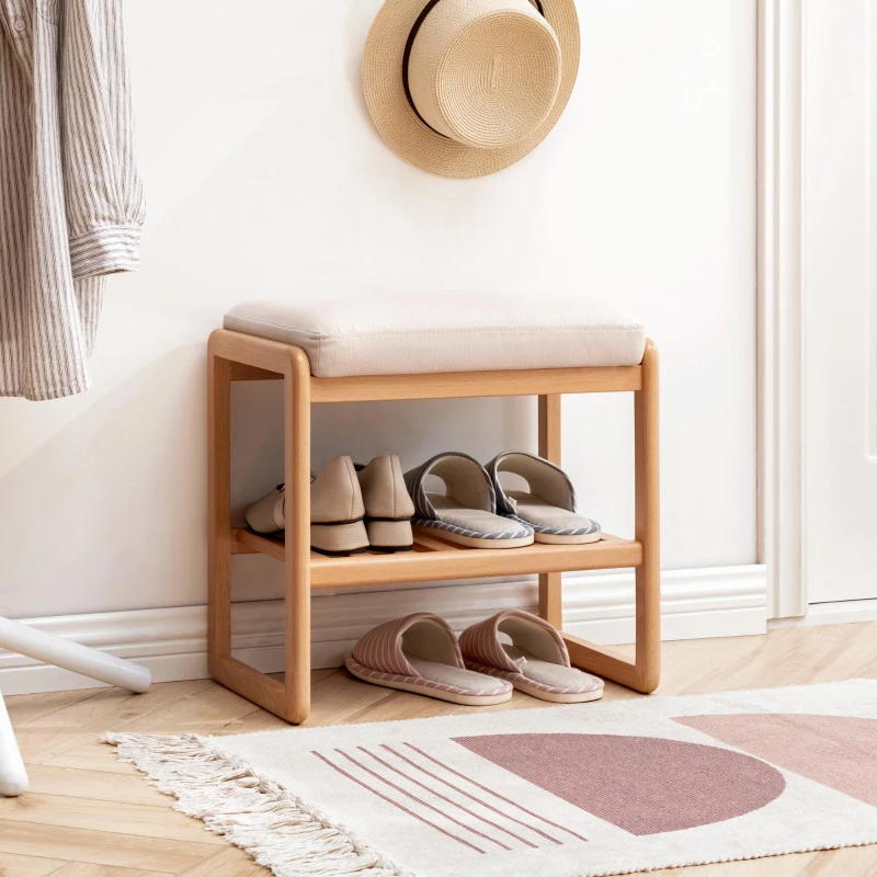 Versatile Shoe Bench with Memory Foam Cushion, Sturdy Shoe Rack with 2-Tier Shoe Storage, 23.5″ L x 12″ W x 16.5″ H, Natural