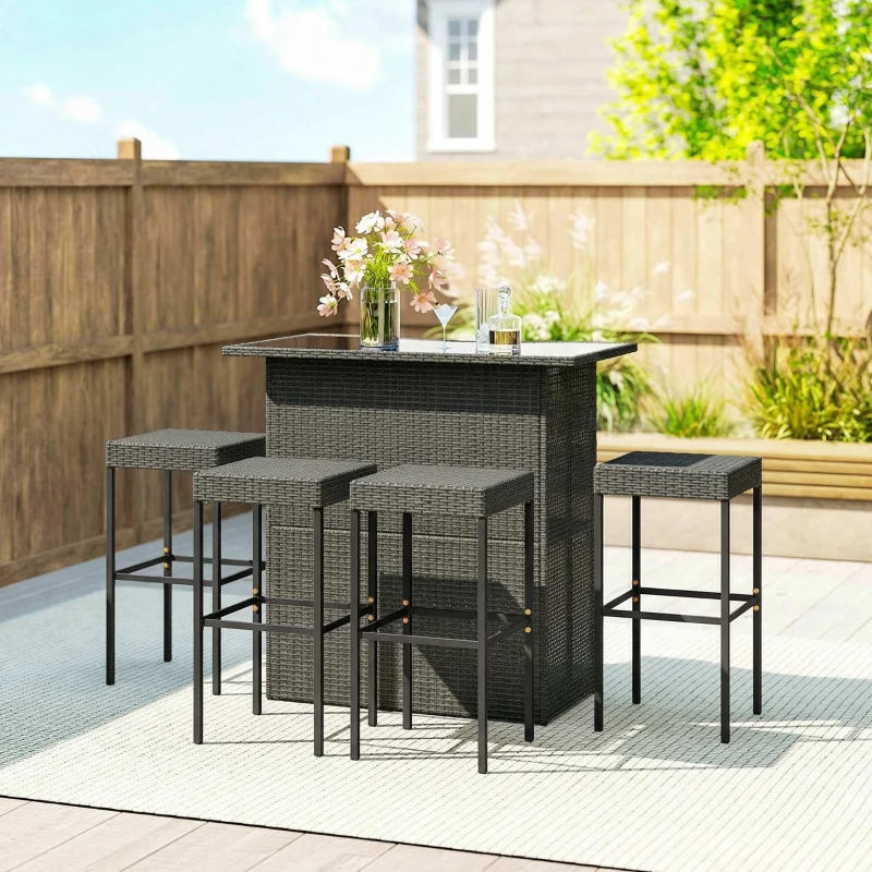 Outsunny 5 Piece Rattan Wicker Bar Set, High Top Outdoor Table and Chairs, Bar Height Patio Set, 2 Shelves & 4 Bar Stools, Gray