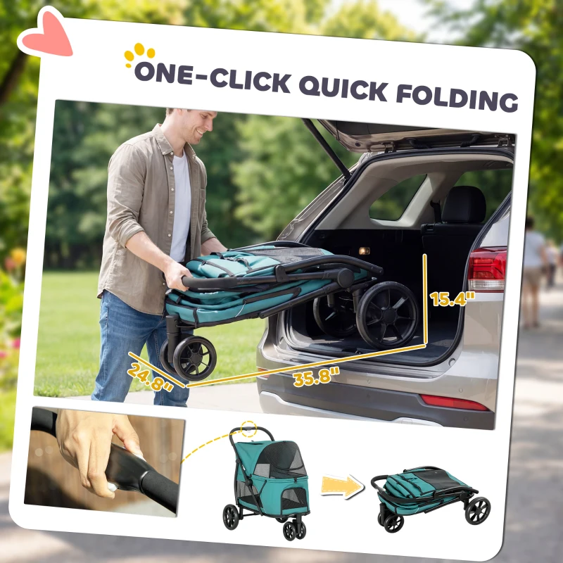 PawHut 3 Wheel Pet Stroller with Easy One-Click Quick Fold, Mesh Window, Washable Cushion, for Medium Dogs, Dark Green