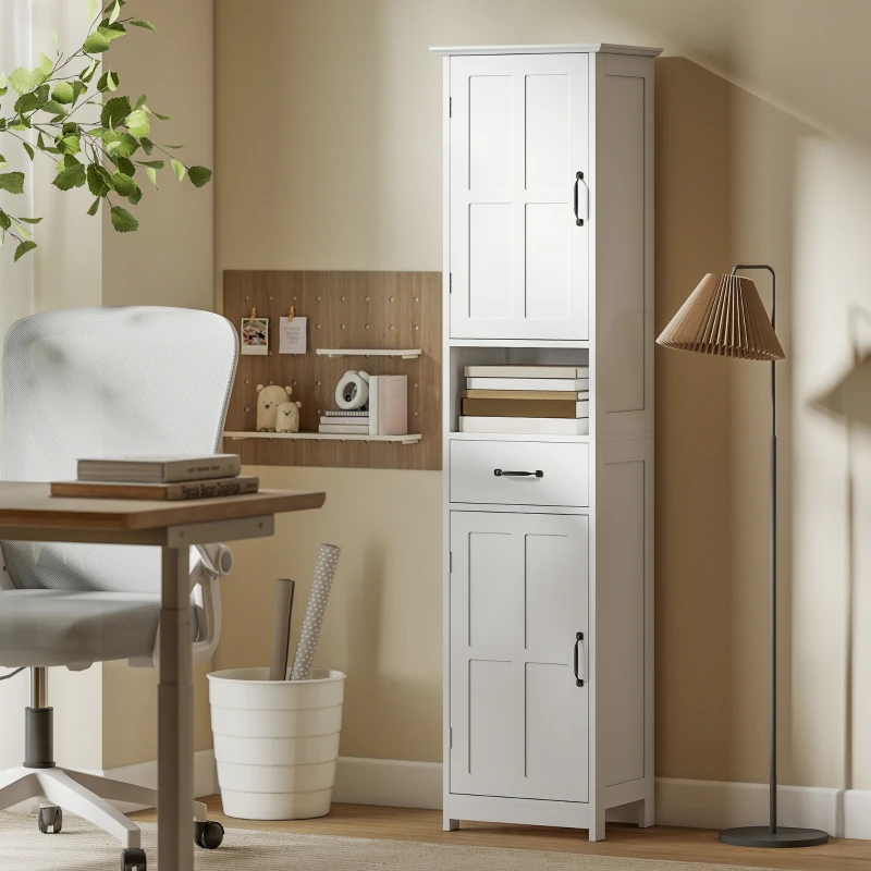 kleankin Modern Bathroom Cabinet, Narrow Bathroom Vanities with Open Shelf Drawer Recessed Doors and Adjustable Shelves White