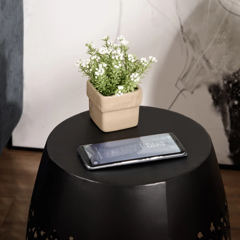 Outsunny 12" Steel Patio End Table, Round Hollow Drum Side Table, Accent Table for Indoor and Outdoor, Black