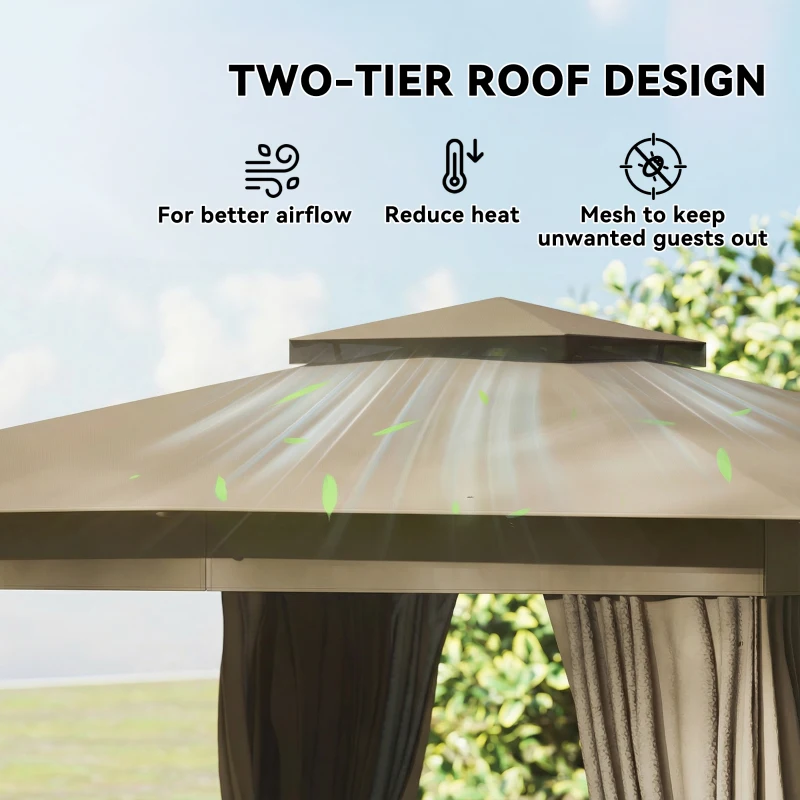 Outsunny 10' x 12' Outdoor Patio Gazebo, Soft Top Gazebo Canopy Shelter with Curtains, Netting, Steel Frame, Hooks, Khaki
