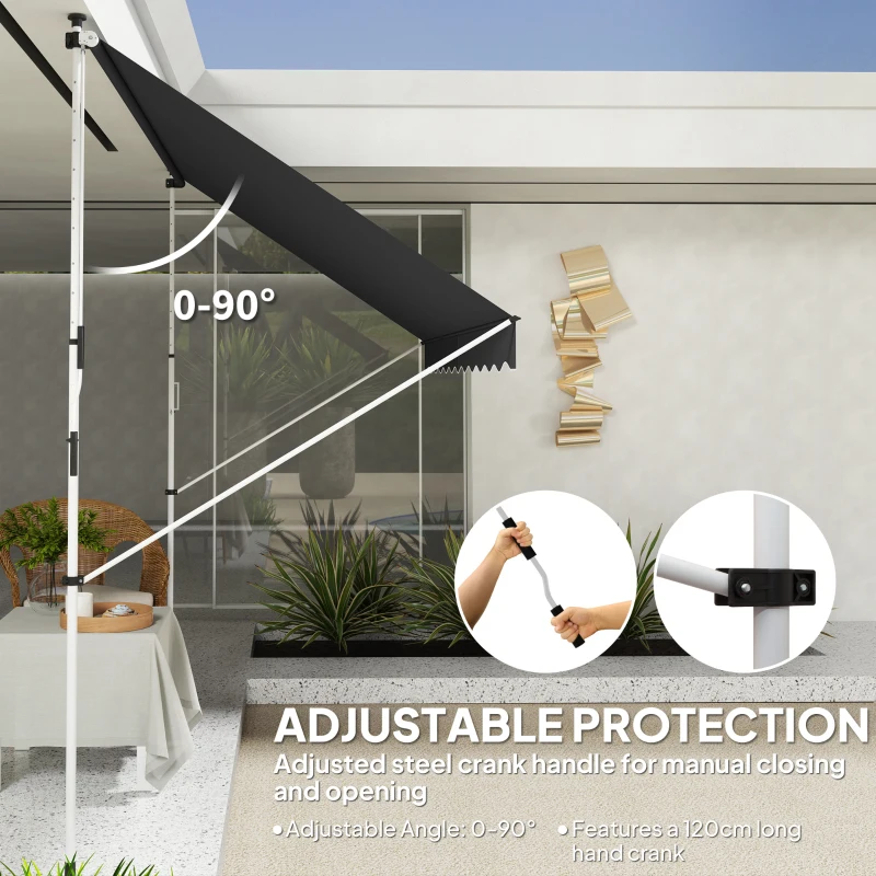 Outsunny 10x5ft Patio Sun Shade Canopy, Manual Retractable Awning with 5.6-9.2ft Support Pole for Window, Door, Porch, Black