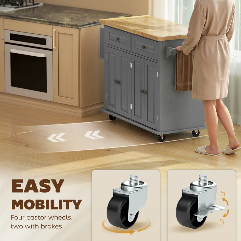 HOMCOM 44" Mobile Kitchen Island Table, Kitchen Island Cart on Wheels with Storage Cabinets, 2 Drawers, Gray