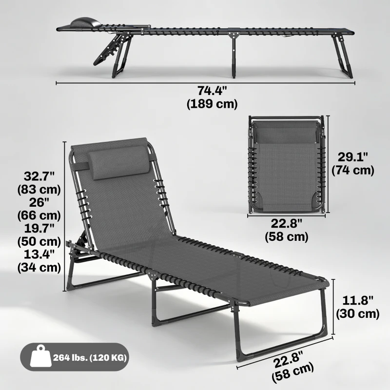 Outsunny 2 PCs Folding Lounge Chairs, Adjustable Chaise Lounges with Headrest, Reclining Lounger Cot for Camping, Hiking, Grey