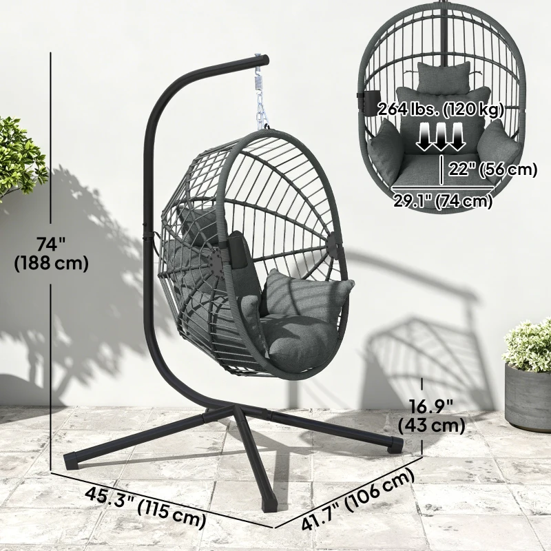 Outsunny Metal Stand Hanging Egg Chair, with Full Body Padded Seat - Grey