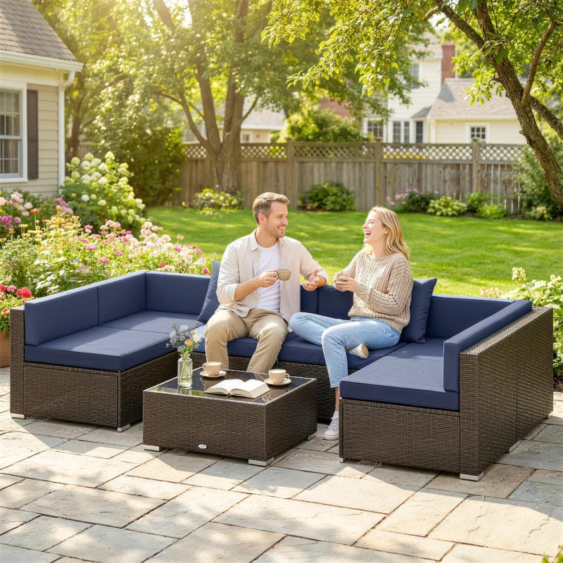 Outsunny 7pc Garden Wicker Sectional Set w/ Tea Table Patio Rattan Lounge Sofa Outdoor Deck Furniture Navy Blue