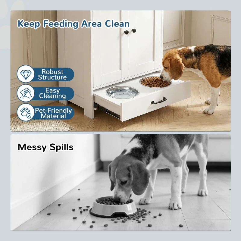 PawHut Pet Feeding Station, Dog Food Storage Cabinet w/ Raised Dog Bowls, Adjustable Panel, Hooks for Medium Dogs, White